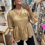 Gold Metallic V - Neck Top - Peplum Clothing