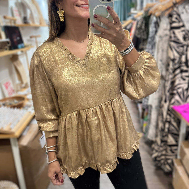 Gold Metallic V - Neck Top - Peplum Clothing