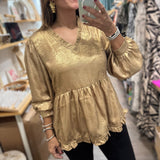 Gold Metallic V - Neck Top - Peplum Clothing