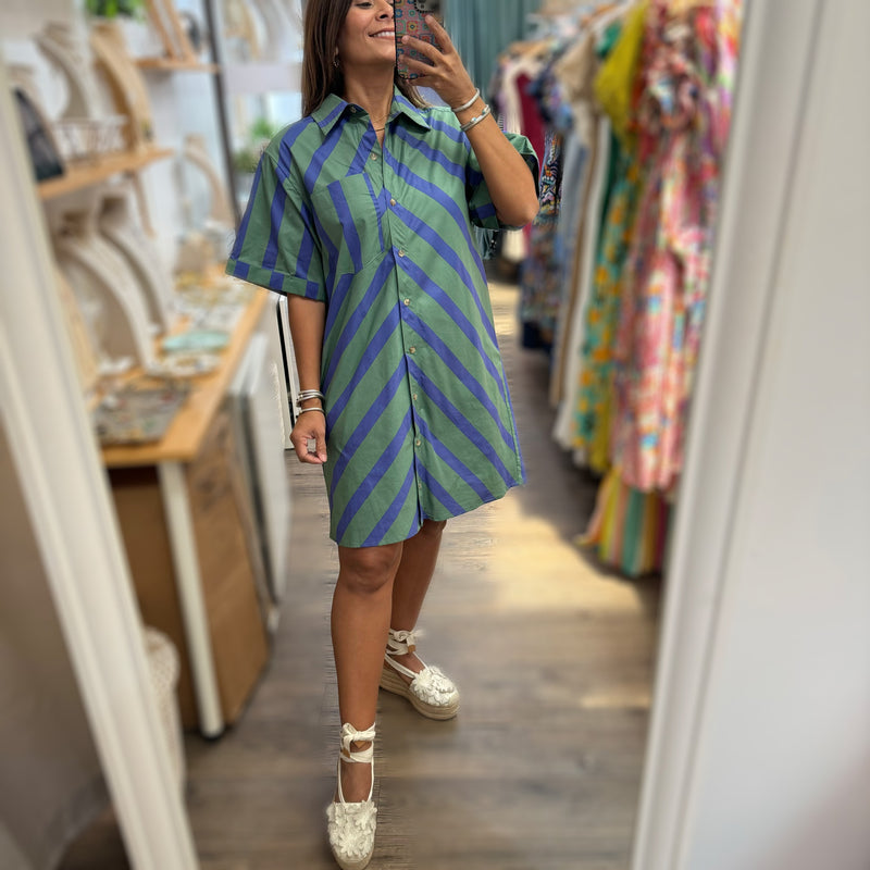 Green & Blue Striped Shirt Dress - Peplum Clothing