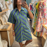 Green & Blue Striped Shirt Dress - Peplum Clothing