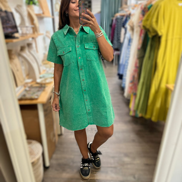 Green Denim Shirt Dress - Peplum Clothing