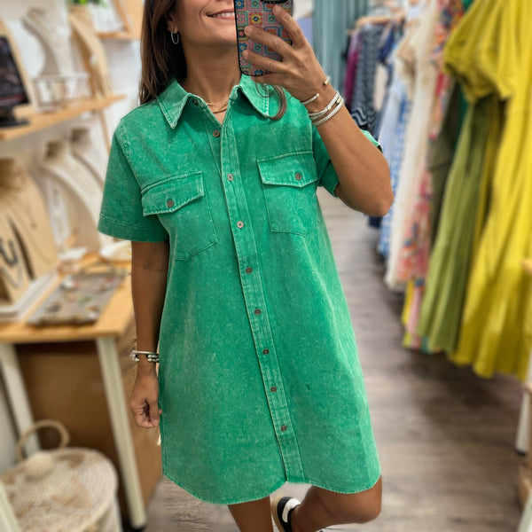 Green Denim Shirt Dress - Peplum Clothing