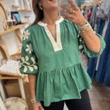 Green Embroidered Sleeves Top - Peplum Clothing