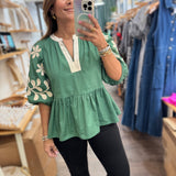 Green Embroidered Sleeves Top - Peplum Clothing