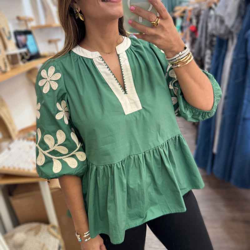 Green Embroidered Sleeves Top - Peplum Clothing