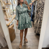 Green Metallic Drawstring Waist Dress - Peplum Clothing