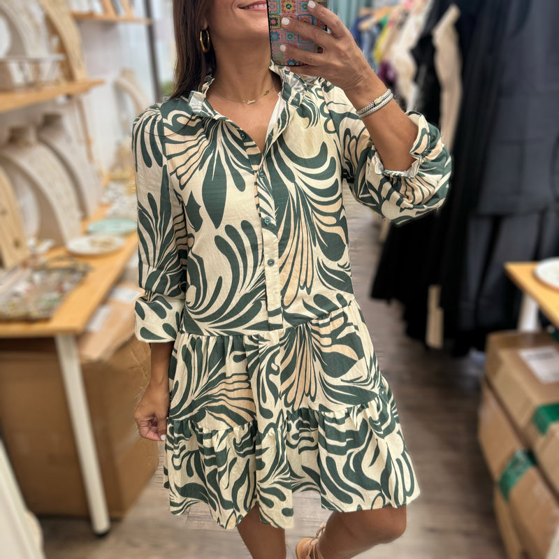 Green Mix Print Dress - Peplum Clothing