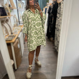 Green Print Button Down Dress - Peplum Clothing