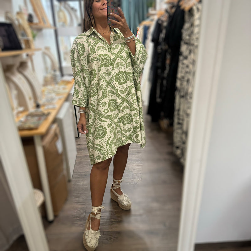 Green Print Button Down Dress - Peplum Clothing