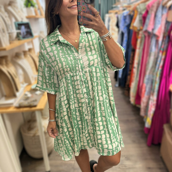 Green Print Button Down Dress - Peplum Clothing