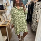 Green Print Button Down Dress - Peplum Clothing