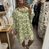 Green Print Button Down Dress - Peplum Clothing