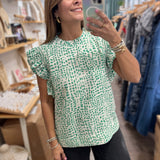 Green Print Ruffled Sleeves Top - Peplum Clothing