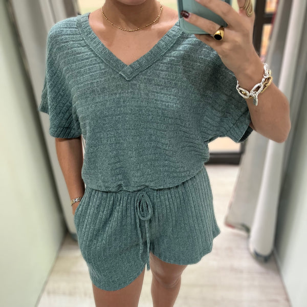 Green Ribbed Romper - Peplum Clothing