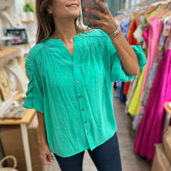 Green Ruched Sleeve Top - Peplum Clothing