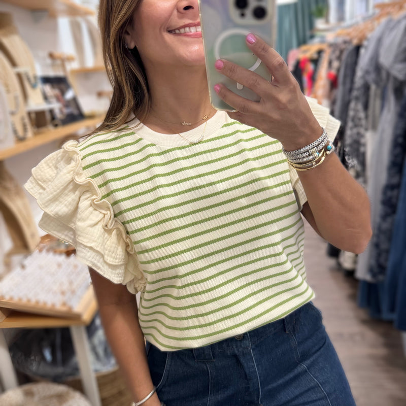 Green Stripes Textured Top - Peplum Clothing