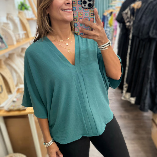 Green V - Neck Dolman Sleeves Top - Peplum Clothing