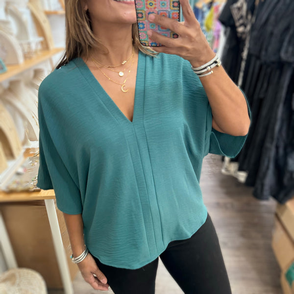 Green V - Neck Dolman Sleeves Top - Peplum Clothing