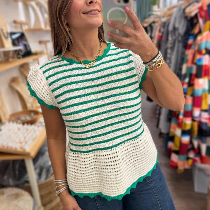 Green & White Knitted Top - Peplum Clothing