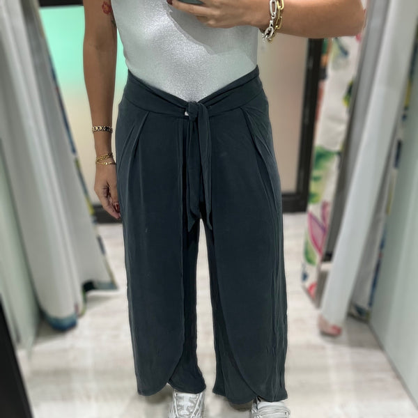 Grey Waist Detail Cropped Pant - Peplum Clothing