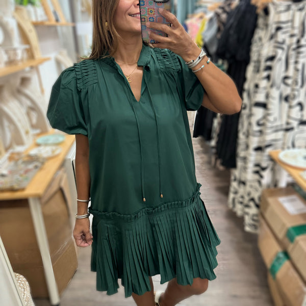 Hunter Green Pleated Detail Dress - Peplum Clothing