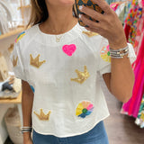 White Sequin Patch Top