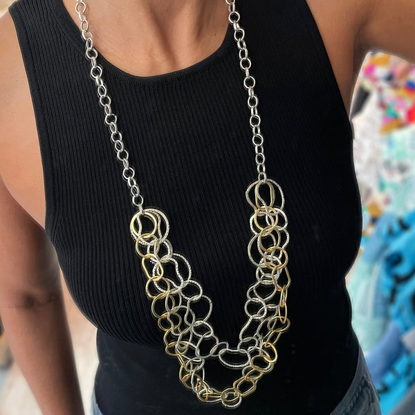 Silver Two Tone Triple Chain Necklace