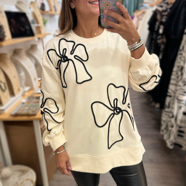 Ivory & Black Flowers Sweater - Peplum Clothing