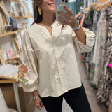 Ivory Embroidered Sleeve Top - Peplum Clothing