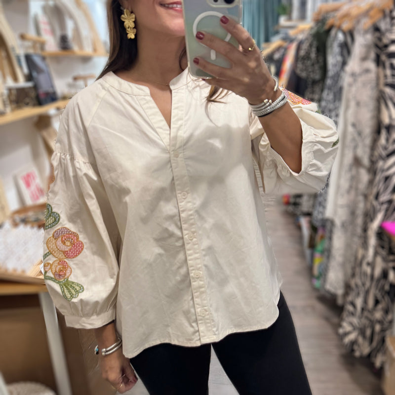 Ivory Embroidered Sleeve Top - Peplum Clothing