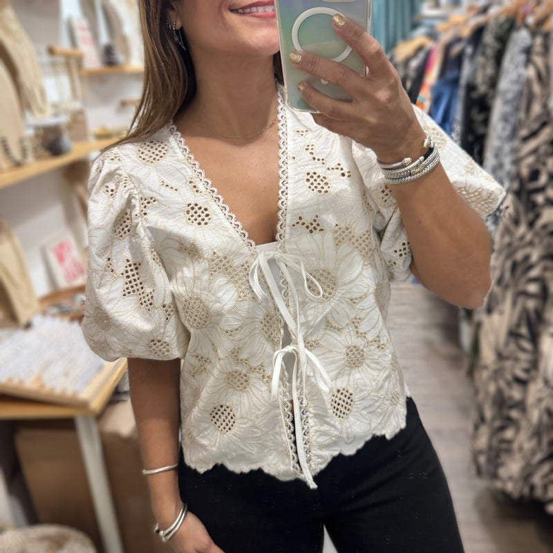 Ivory Metallic Embroidered Top - Peplum Clothing