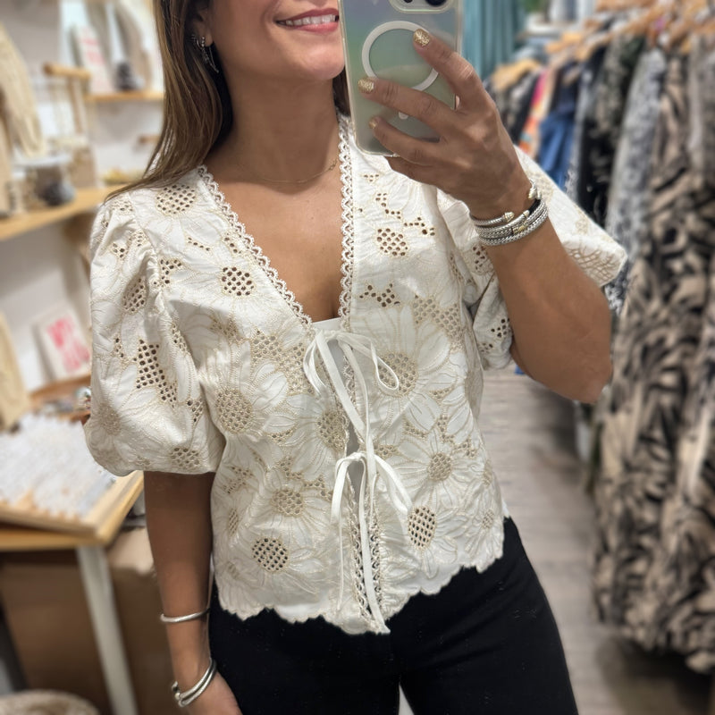 Ivory Metallic Embroidered Top - Peplum Clothing