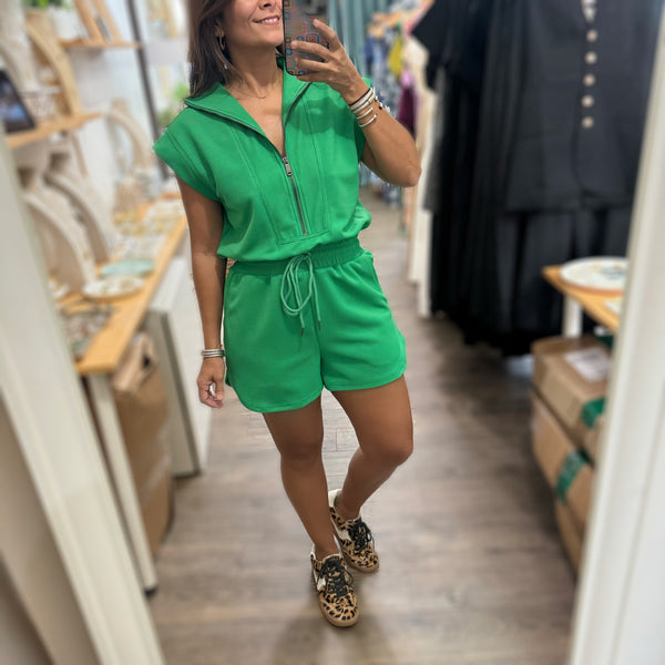 Kelly Green Front Zipper Romper - Peplum Clothing