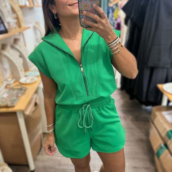 Kelly Green Front Zipper Romper - Peplum Clothing