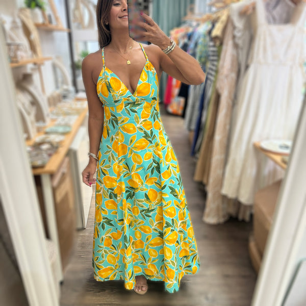 Lemon Print Back Detail Dress - Peplum Clothing