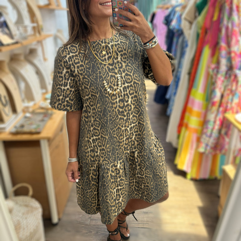 Leopard Print Denim Dress - Peplum Clothing