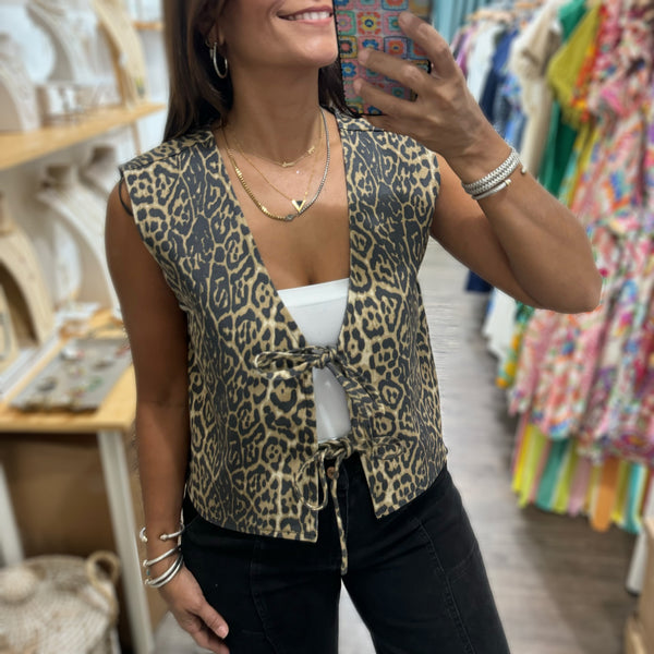 Leopard Print Tie Front Vest - Peplum Clothing