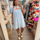 Light Blue Embroidered Flowers Dress - Peplum Clothing