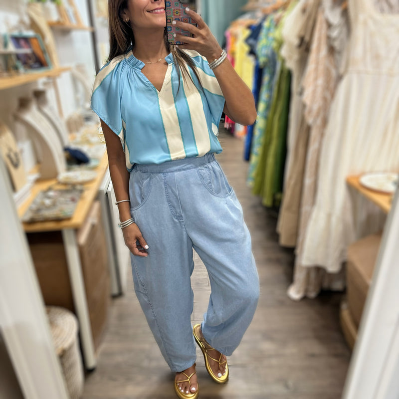 Light Blue Striped Top - Peplum Clothing