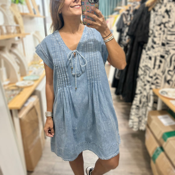 Light Denim Front Tie Dress - Peplum Clothing