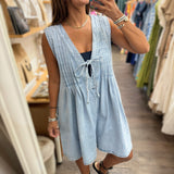 Light Denim Pleated Detail Romper - Peplum Clothing