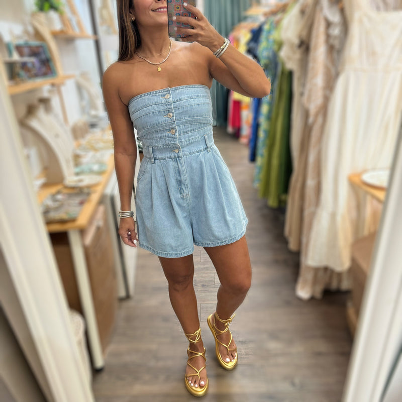 Light Denim Strapless Romper - Peplum Clothing