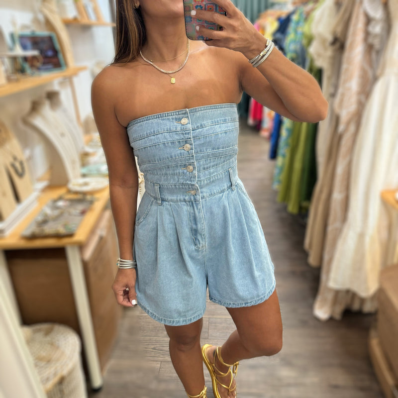 Light Denim Strapless Romper - Peplum Clothing