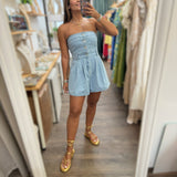 Light Denim Strapless Romper - Peplum Clothing