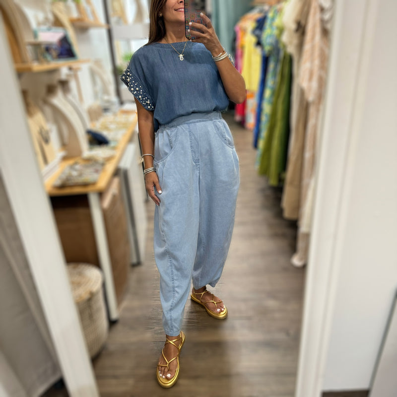 Light Denim Tencel Pant - Peplum Clothing