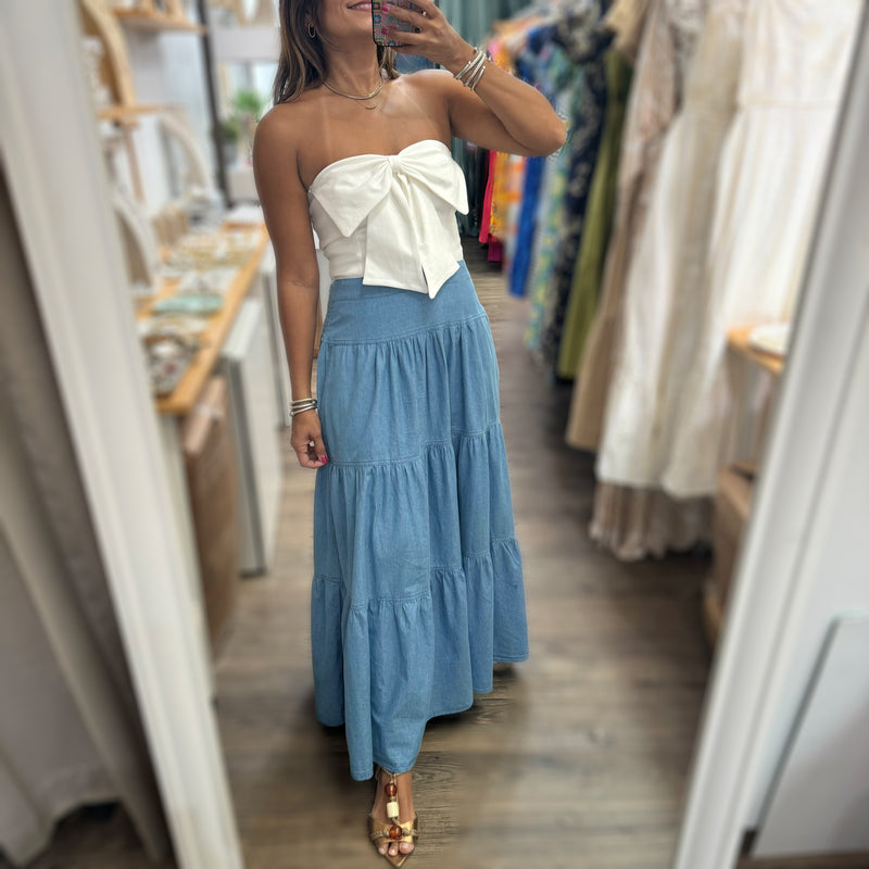 Light Denim Tiered Maxi Skirt - Peplum Clothing