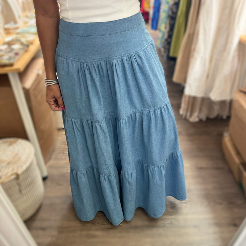 Light Denim Tiered Maxi Skirt - Peplum Clothing