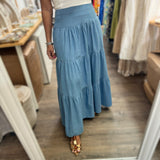 Light Denim Tiered Maxi Skirt - Peplum Clothing