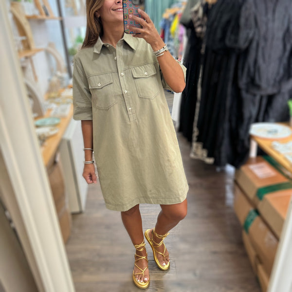 Light Olive Front Pockets Dress - Peplum Clothing